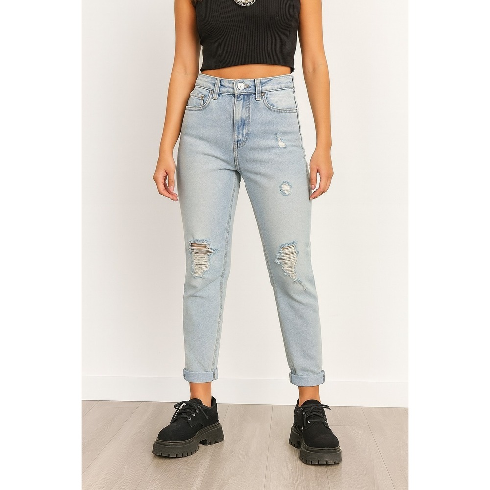 VTG Y2K Blue Light Wash Ripped  Jeans Women SZ 4 Cuffed Throwback‎ Street Style